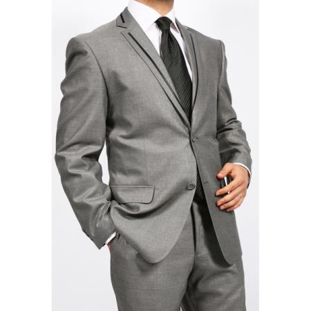 Tapered Leg Lower Rise Pants & Get Skinny Grey ~ Gray 2 Piece 2 Button Style Slim narrow Style Suit With Liquid Jet Black Edging Tuxedo