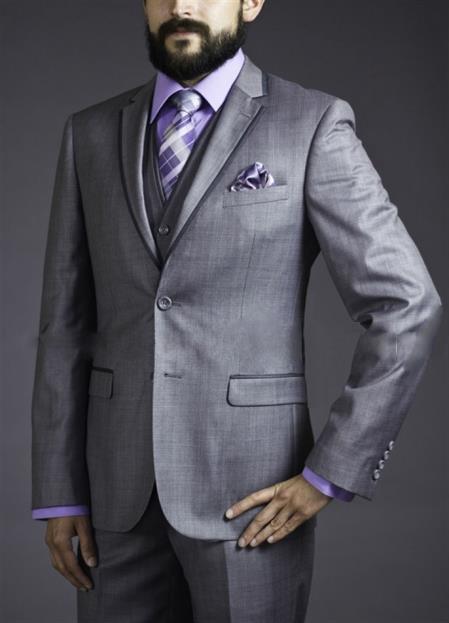 Tapered Leg Lower rise Pants & Get skinny Two Button Three Piece Grey Sharkskin Suit with Contrast Taping 
