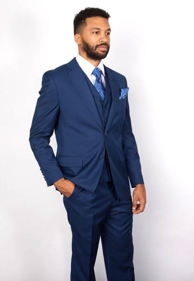  Men's 3 Piece Indigo Blue Notch Lapel Single Breasted 100% Wool Vested Suit