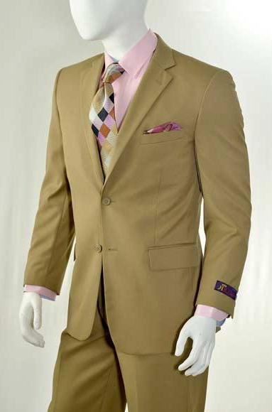 Men's Slim Fitted Solid Khaki - Camel - Bronz  2 Button Suit With Flat Front Pants