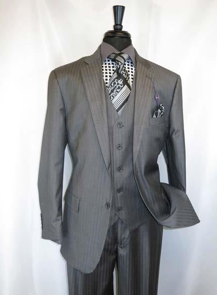  Men's Vinci Shadow Stripe Style 2 Buttons Medium Grey Single Breasted Notch Lapel Vested Suit 