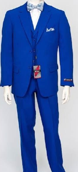  Men's 3 Piece Poly Poplin Notch Lapel Matching Vest Royal Dress Athletic Cut Suits Classic Fit  Wth Pleated Pant