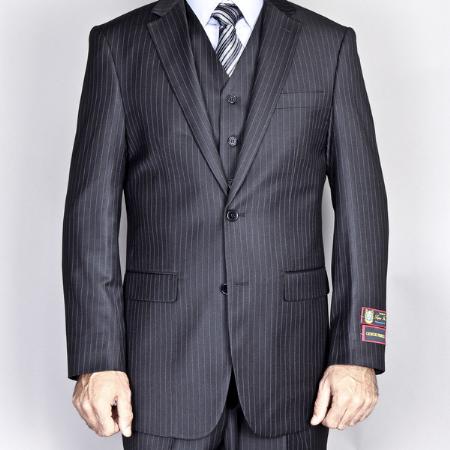 Side Vented Jacket & Flat Front Pants Liquid Jet Black Pinstripe 2-Button Vested Suit 