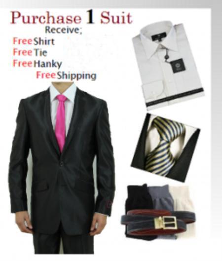 2 Button Style Liquid Jet Black Shark Skin Suit SHINNY - Dress Shirt, Free Tie & Hankie Package 