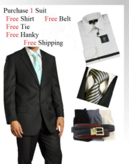 Two Button Liquid Jet Black Suit- Dress Shirt, Free Tie & Hankie Package 