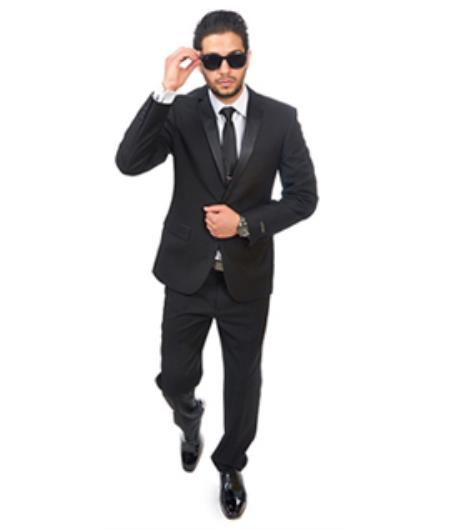 Slim narrow Style Fitted Skinny Tapered Slim narrow Style Fit 2 Button Style Notch Lapel Tuxedo Liquid Jet Black 
