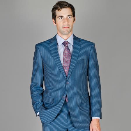 Mens Three Piece Suit - Vested Suit Tapered Leg Lower rise Pants & Get skinny Blue Stripe ~ Pinstripe Wool Fabric and Silk Blend men's Teal Suit 