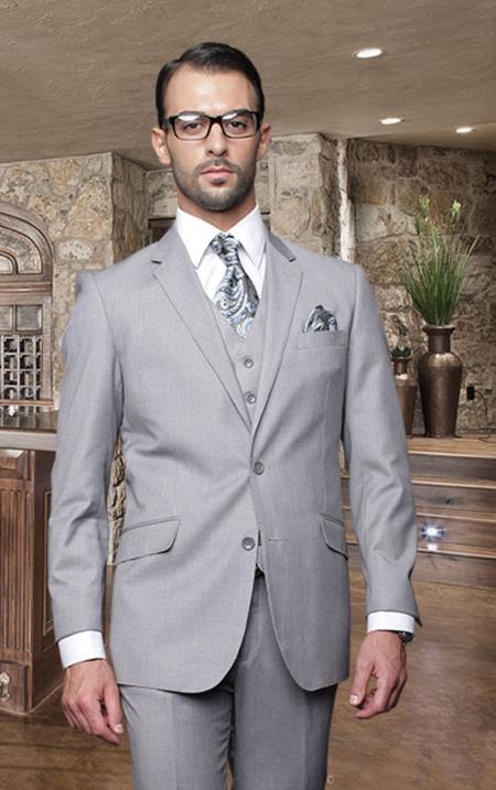 Nice 2 Button Style Solid Color Gray Suit with a Vest 3 Piece Tapered Slim narrow Style Fitted Flat Front Pants Wool Fabric 