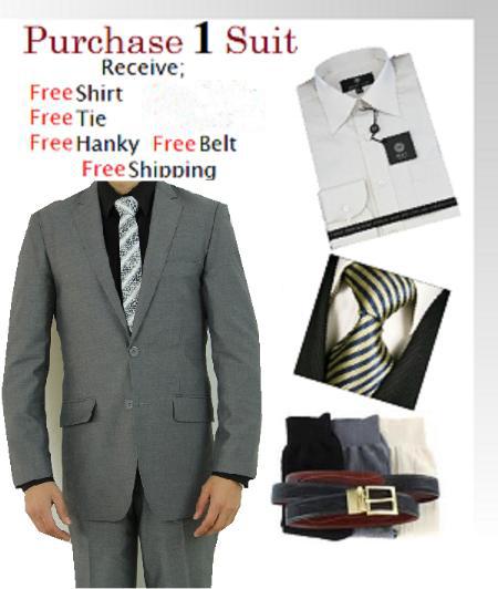 Two Button Light Grey Suit Slim narrow Style Fit- Dress Shirt, Free Tie & Hankie Package 