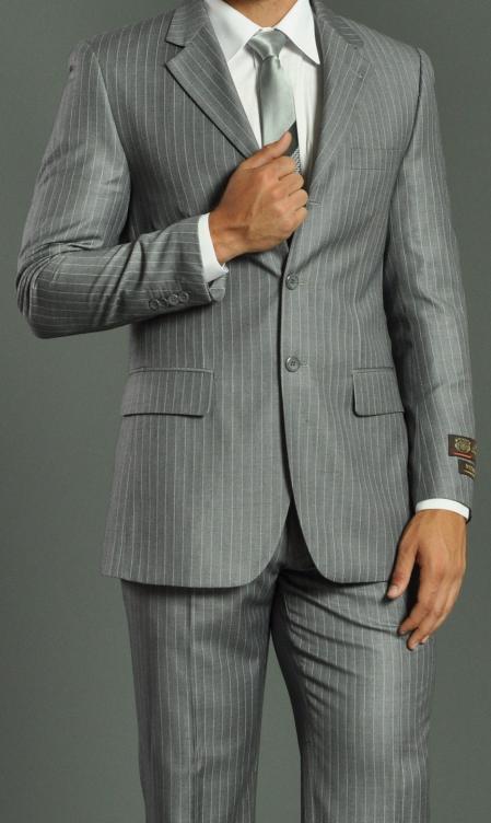 Two Buttons Light Grey Stripe ~ Pinstripe Suit No Pleated Slacks Pants Side Vent Regular fit