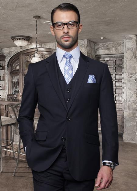 Tapered Leg Lower rise Pants & Get skinny 2 Button Style Navy Suit with a Vest Superior Fabric 150's Italian Wool Fabric Pick Stitched Lapel Slanted Pocket 