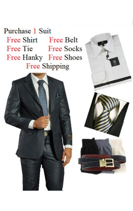 2 Piece Two Button Navy Suit- Dress Shirt, Free Tie & Hankie Package 