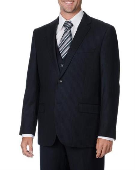 2 Button Style Mini Pinstripe Vested 3 Piece Suits for Online Side Vents Navy Wool