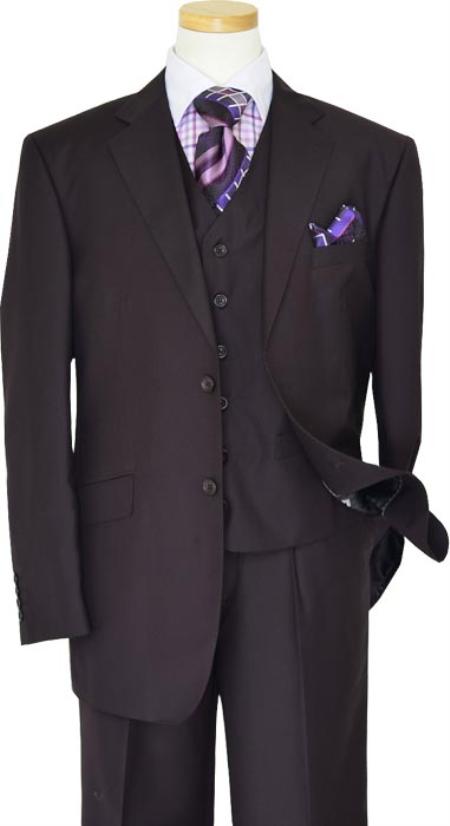 Solid Plum Eggplant Very Dark Purple color shade Superior Fabric 150'S Wool Fabric Vested Suit