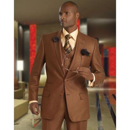 Solid Vested 3pc 2 Button Style Copper~Rust Athletic Cut Suits Classic Fit 100% Wool Fabric 1 Pleat Pants Pick Stitched Lapel 