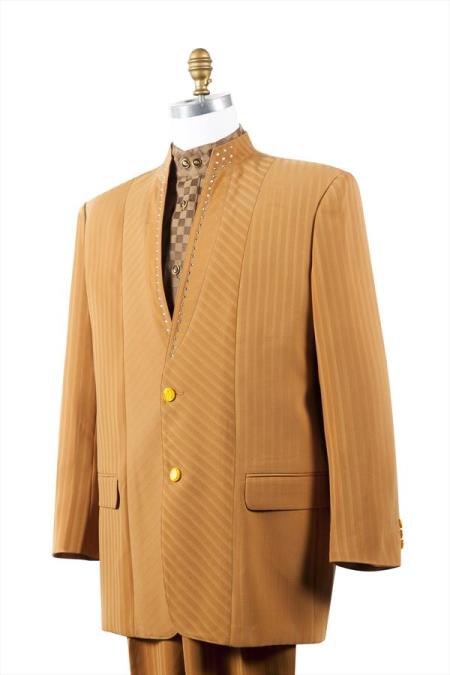Unique 2 Button Style Tuxedo Trimmed Pleated Slacks Pants Vested 3 Piece Athletic Cut 1940s men's Suits Style Classic Fit  for Online Camel ~ Gold 