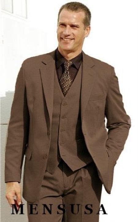 High Quality Coffe~Mocca~CoCo brown color shade 2 Btn Vested 100% Wool Fabric Poly Rayon three piece suit Notch lapel Vented 