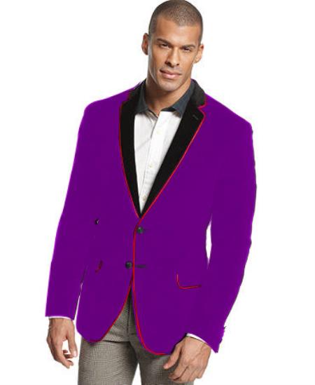 Velvet Velour Blazer Online Sale Formal formal tux Jacket Sport Coat Two Tone Trimming Notch Collar Dark Purple color shade 