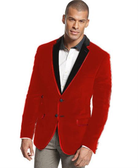 Velvet Velour Blazer Online Sale Formal formal tux Jacket Sport Coat Two Tone Trimming Notch Collar red color shade 