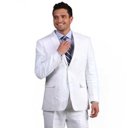  White Notch Lapel Classic Linen 2 Button Style Double Vent Suit - men's All White Linen Suit