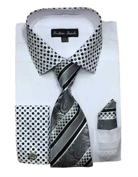  Men's White Cotton Blend Solid/Polka Dot Pattern With Tie & Hanky Dress Shirt