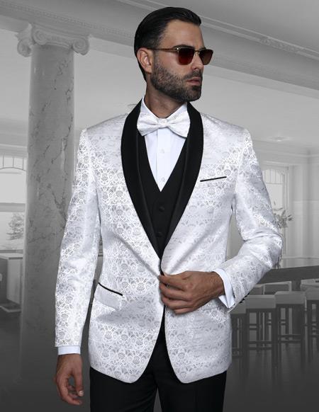  Men's Shawl Lapel White Shadow Floral Blazer Dinner Jacket Sport Coat