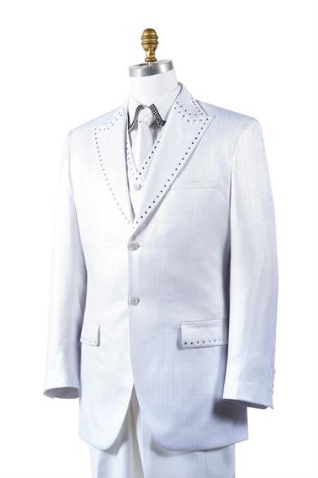 White Sharkskin Rhinestone 3 Piece Entertainer Athletic Cut Suit ( Jacket and Pants)  For Men Classic Fit 