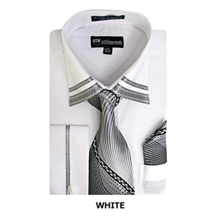  Men's White Long Sleeve Fashion Shirt with Matching Tie, Hankie Set 