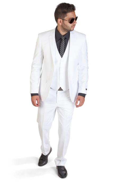  Slim narrow Style Fit 3 Piece Notch Lapel Vested White Suit With Back Welt Pockets Clearance Sale Online