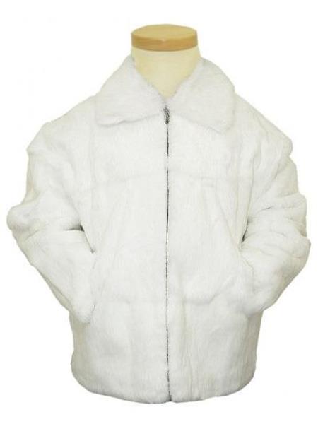  Bagazio Genuine Full Skin Rabbit Fur White Pull-Up Zipper Bomber Style Jacket