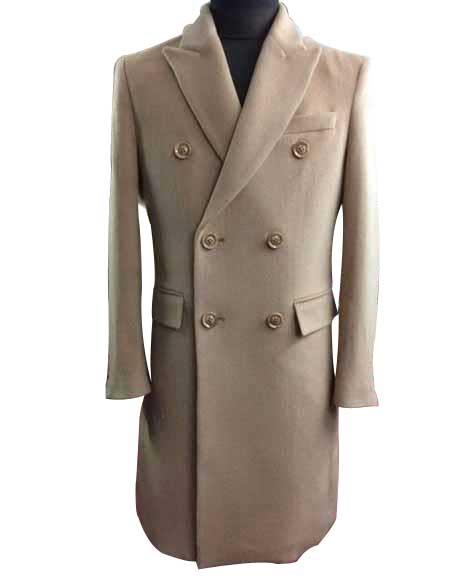 Men's Wool and Cashmere Double Breasted Long Overcoat Beige ~ Camel  Three Quarter Winter Men's Topcoat Sale