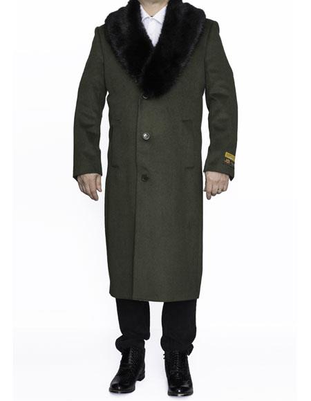 men's Removable Fur Collar Full Length Wool Dress Top Coat / Overcoat in Olive Green