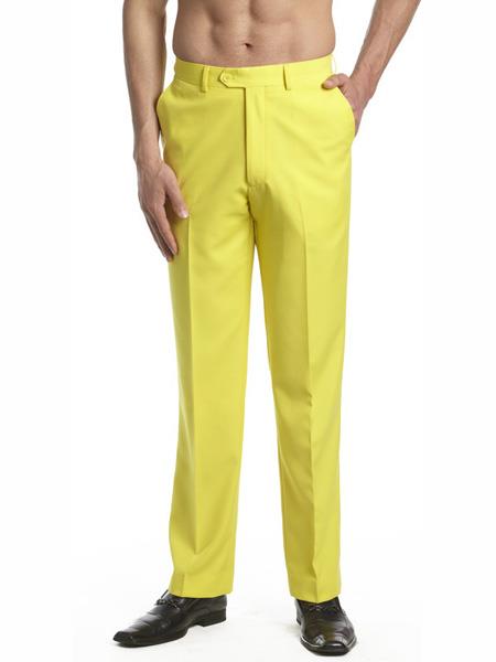 Men's Dress Pants Trousers Flat Front Slacks Yellow