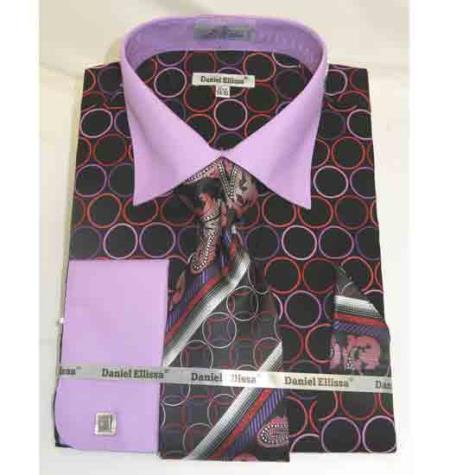  Men's Black Lilac French Cuff 100% Cotton Bold Circle Multi Pattern Dress Shirt