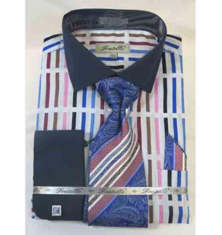  Men's 100% Cotton French Cuff Blue Multi Bold Stripe Multi Pattern Dress Shirt