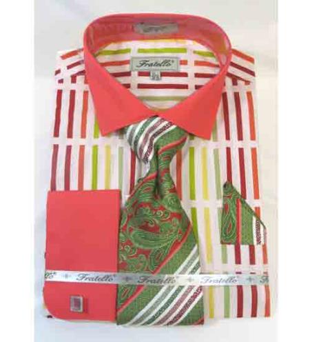  Men's Coral Multi Cotton French Cuff Bold Stripe Multi Pattern Dress Shirt Melon ~ Peachish Pinkish Color