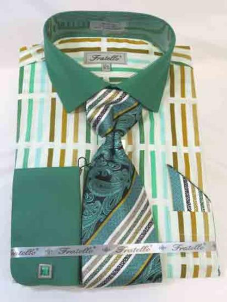  Light Green Dress Shirt Men's Bold Stripe Multi Pattern Mint Forest Multi Cotton French Cuff Dress Shirt