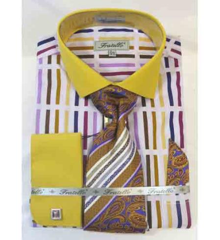  Men's Mustard Multi Bold Stripe Multi Pattern Cotton French Cuff Dress Shirt 