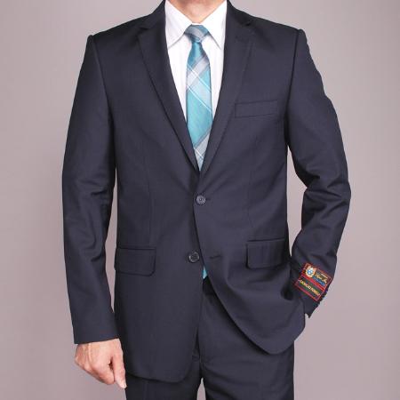 European Skinny Notch Lapel No Pleated Slacks Pants Navy Blue Shade 2-button Slim-fit Suit 