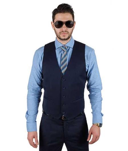  5 Button Navy Blue Shade Cotton Blend Fashionable Dress Vest