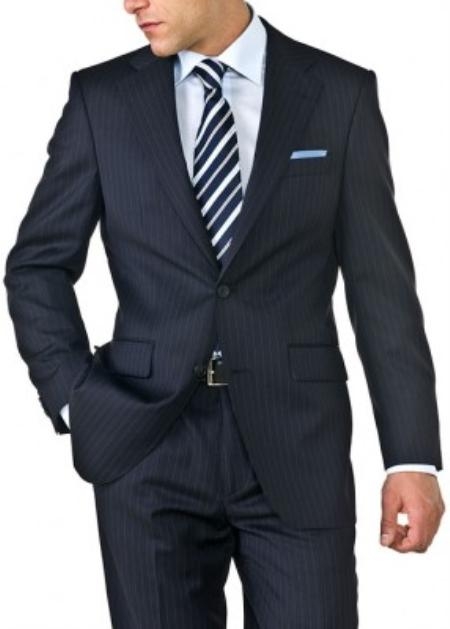 Navy Blue Shade Shadow Stripe ~ Pinstripe Two Button Suit 