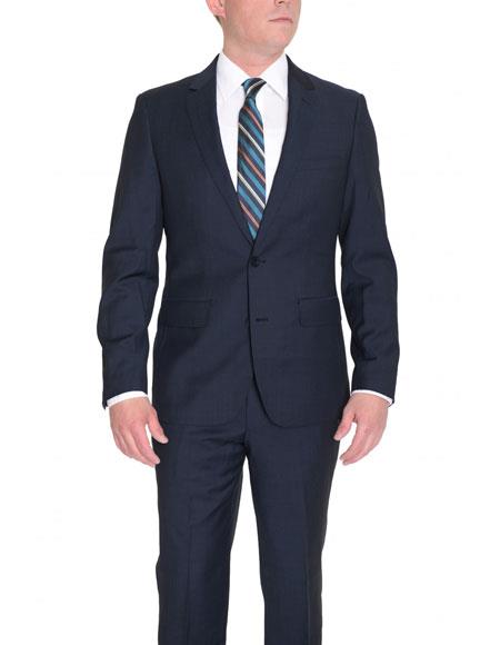  men's Solid Navy Blue Single Breasted 2 Button Wool Dual Side Vents Suit