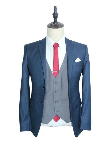  Navy blue one chest pocket wool suit for men