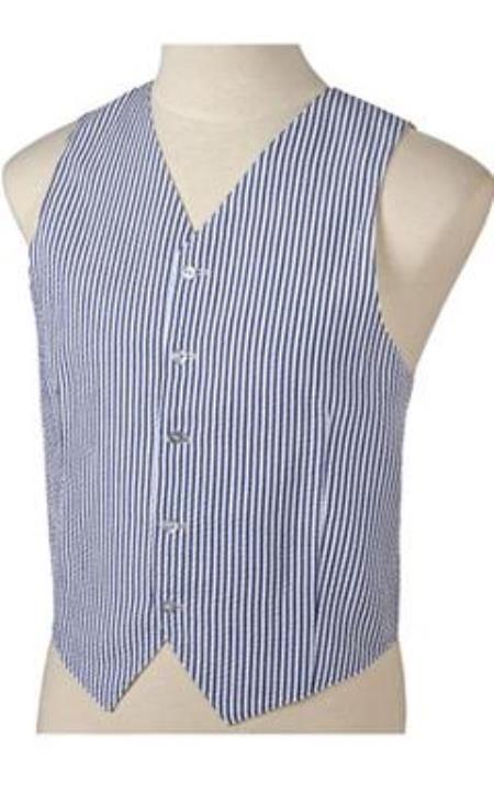 Navy Blue Shade and White Stripe ~ Pinstripe Summer Cheap priced men's Seersucker Suit Sale Fabric Vest Set 