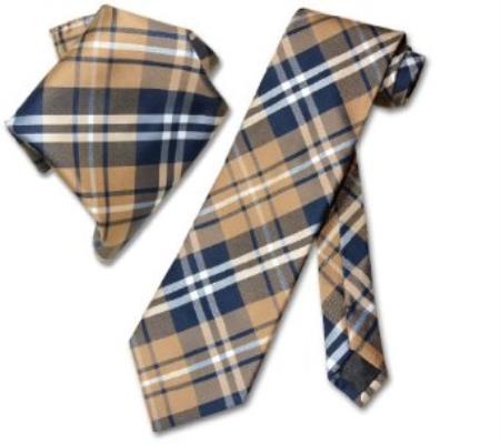 Navy brown color shade White NeckTie & Handkerchief Matching Tie Set 
