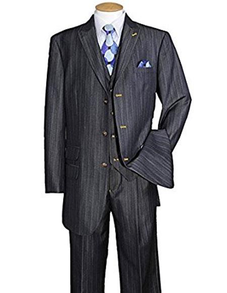  Men's Stripe ~ Pinstripe 3 Piece Navy Peak Lapel Vested suit pleated pants Denim look Ticket Pocket