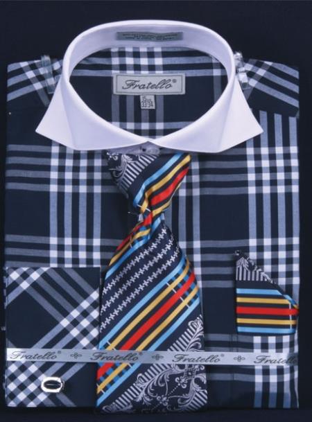 French Cuff Dress Shirt Set Deep Checker Navy Plaid ~ Windowpane 