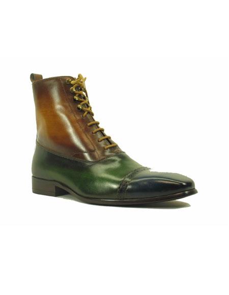  Mens Green Dress Shoes Mens Lace Up Navy ~ Olive ~ Cognac Genuine Leather Side Zipper Shoes