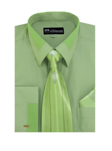  Men's Spread Collar French Cuff Olive Dress Shirt + Tie + Handkerchief Set