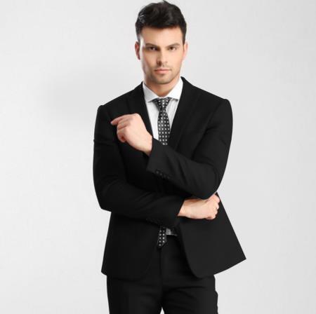  Men's 1 Button Single Breasted Peak Lapel Slim Fit Black Suit with Flat Front Pant Clearance Sale Online